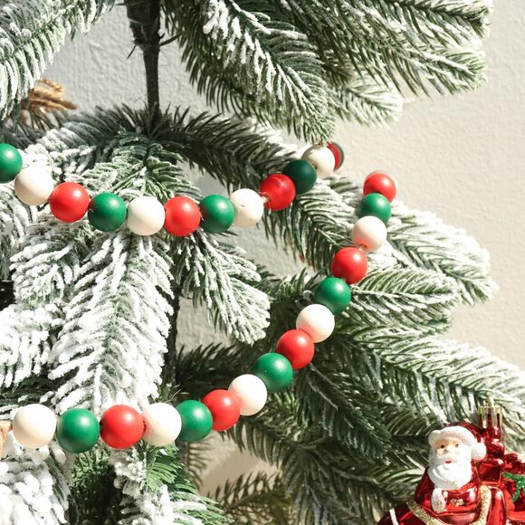 Christmas Wood Bead Garland 39in Farmhouse Tassel Decor Tree Wall Tray - Picture 3 of 6